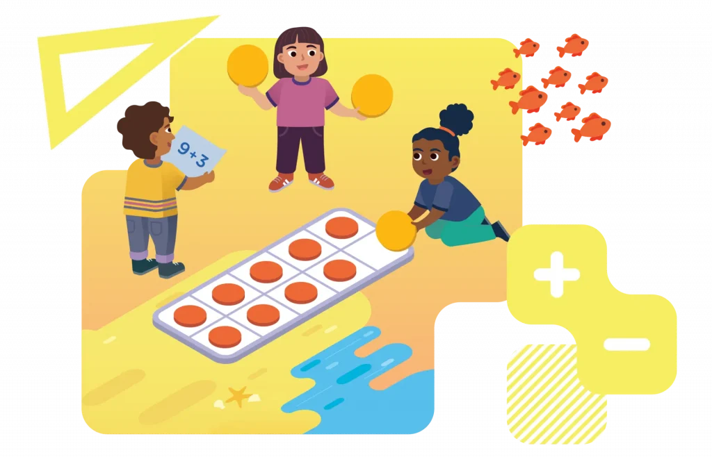 Tres niños participan en una actividad práctica de matemáticas con tarjetas numéricas y fichas sobre una cuadrícula. El fondo está decorado con peces y símbolos matemáticos.