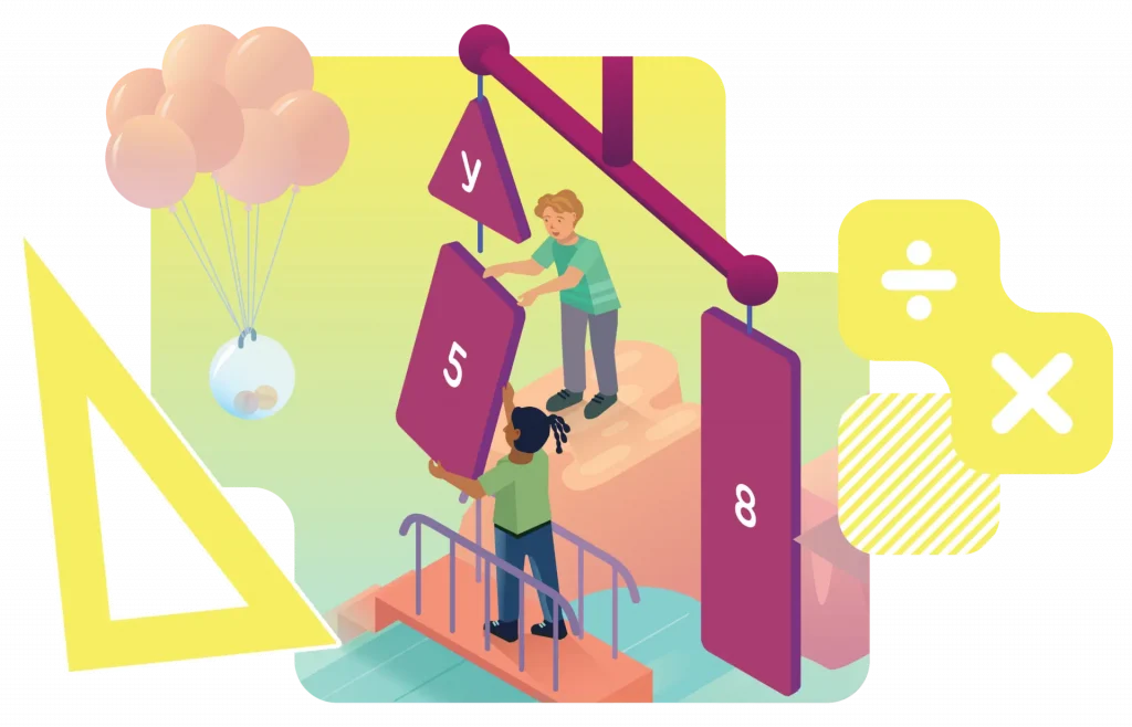 Two children adjust weights labeled "y," "5," and "8" on a balance scale, with math symbols, balloons, and a yellow triangle in the background—an engaging scene inspired by Amplify Desmos Math.