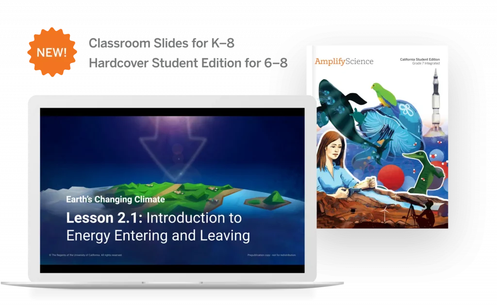 Laptop displaying a colorful educational slide titled "earth's changing climate" next to a hardcover book with similar thematic artwork, marked as "new!".