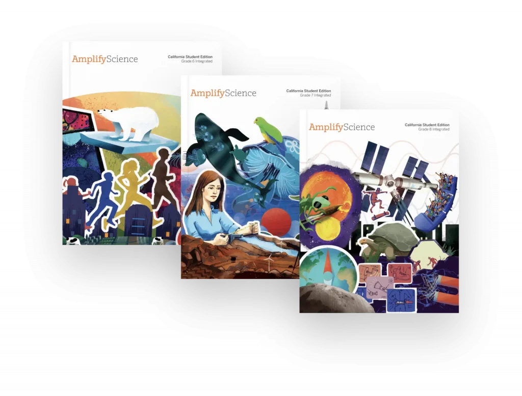 Three Amplify Science textbooks with illustrated covers featuring a polar bear, students, a girl with animals, and space-themed images bring science concepts to life for young learners.