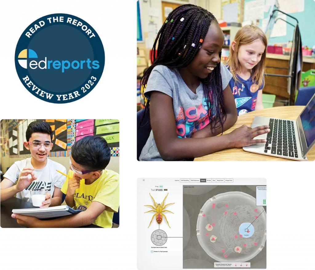 Collage of educational settings: top left, two young girls using laptop in library; bottom right, middle school science project display on tablet; bottom left, two boys with tablet discussing.