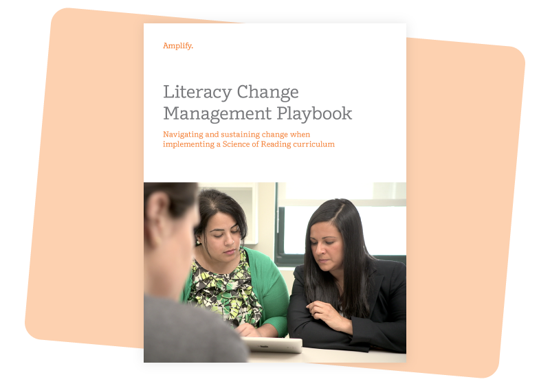 Cover of Literacy change management playbook showing two women reviewing a document at table, highlighting the integration of high-quality instruction materials in k-12 education.