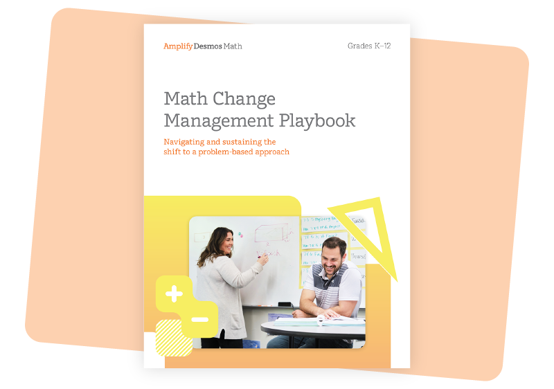 The cover of Math change management playbook features  two people engaging at a whiteboard, highlighting navigating and sustaining the shift to problem-based approach. this essential guide is perfect for curriculum implementation offers invaluable teacher resources.