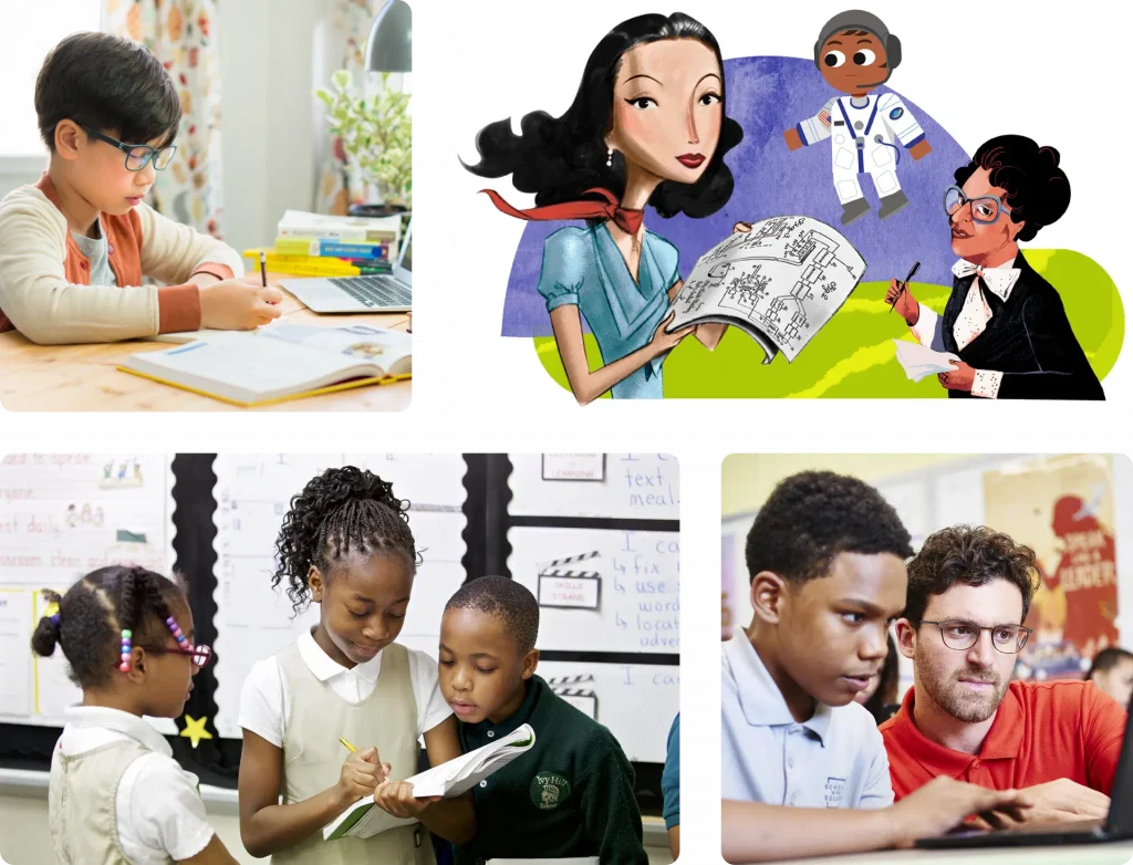 Collage of diverse learning environments: a boy studying at a desk, illustrated diverse characters in stem fields, and students engaged in classroom activities.