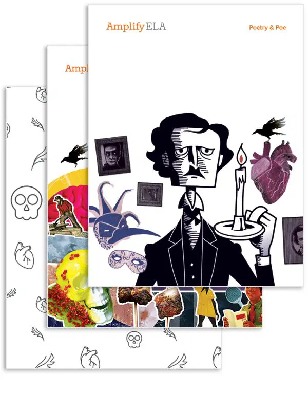 Promotional material for "amplify ela," featuring a collage of edgar allan poe with thematic imagery like skulls and a raven, intended for educational use in teaching poetry and poe.