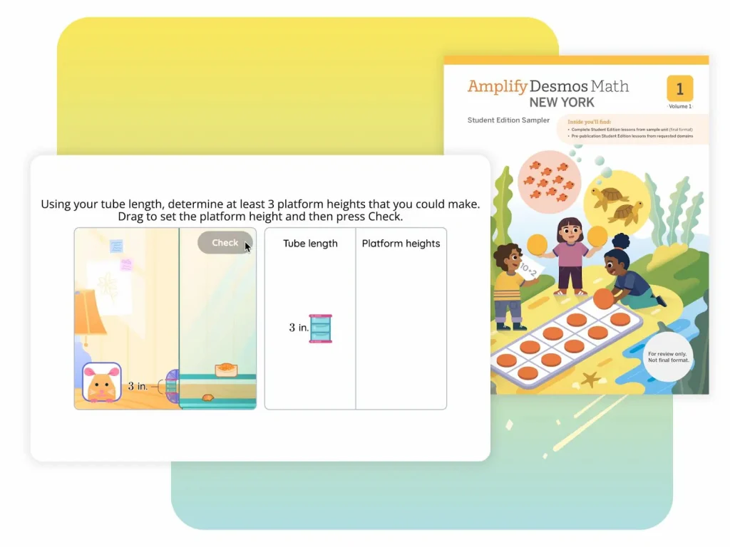 A math activity interface instructs to determine platform heights using a tube length. A student workbook titled "Amplify Desmos Math, New York, Volume 1" featuring children playing is also visible.