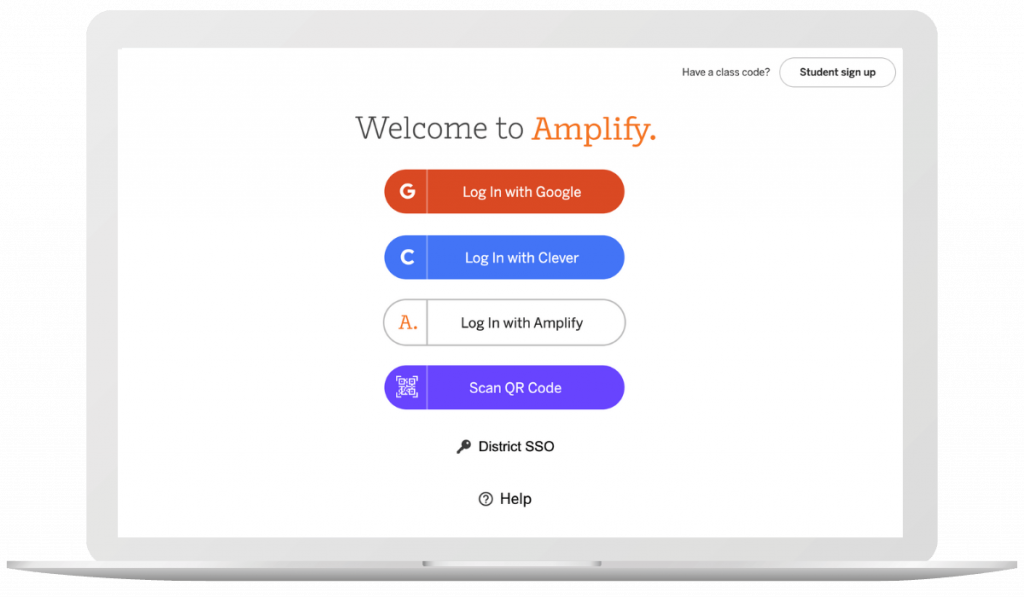 Laptop screen displaying a login page for "amplify" with multiple sign-in options including google, clever, a qr code, and district sso.