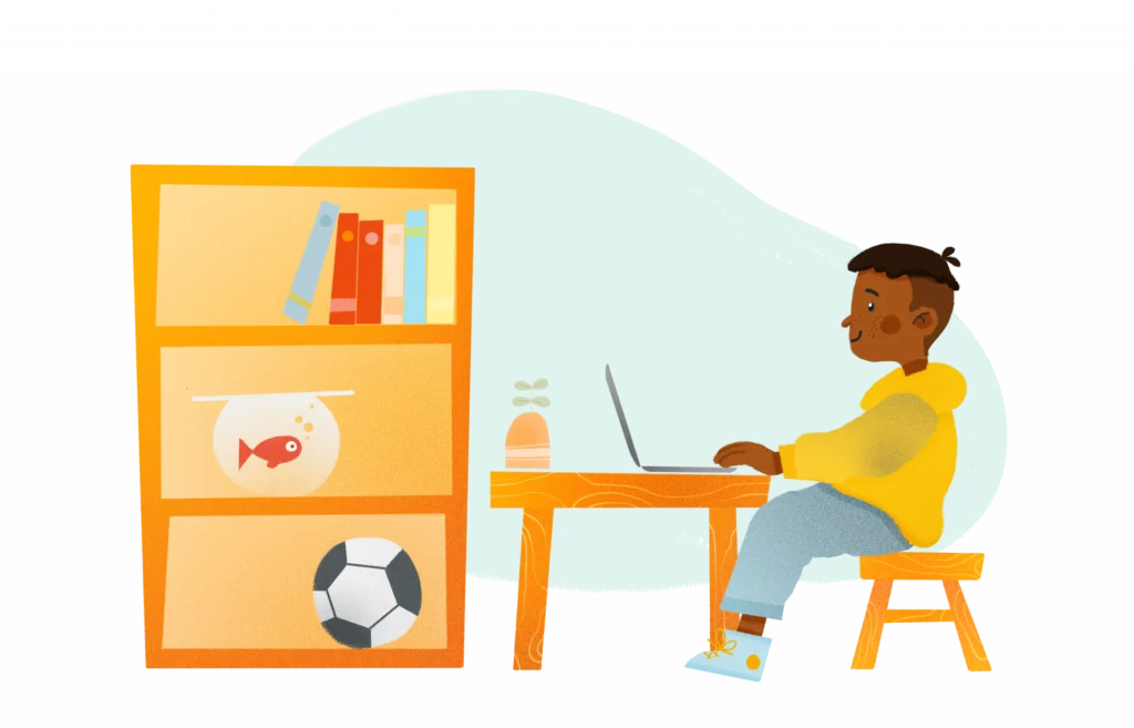 A person sitting at a desk using a laptop, with a bookshelf containing books, a fish tank, and a soccer ball nearby.