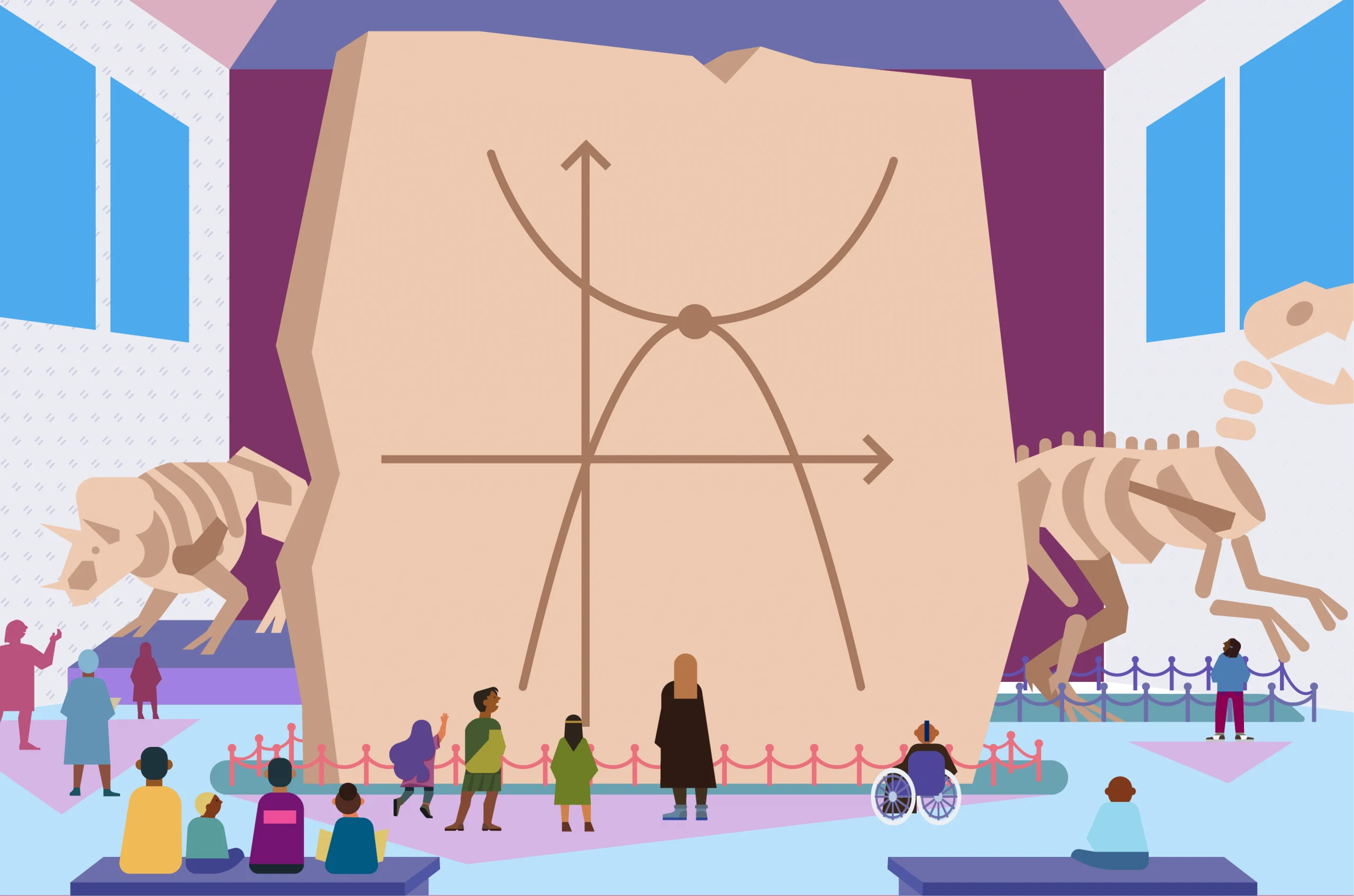 An illustration of a diverse group of people, including a person in a wheelchair, viewing a large, displayed fossil in a colorful museum setting.