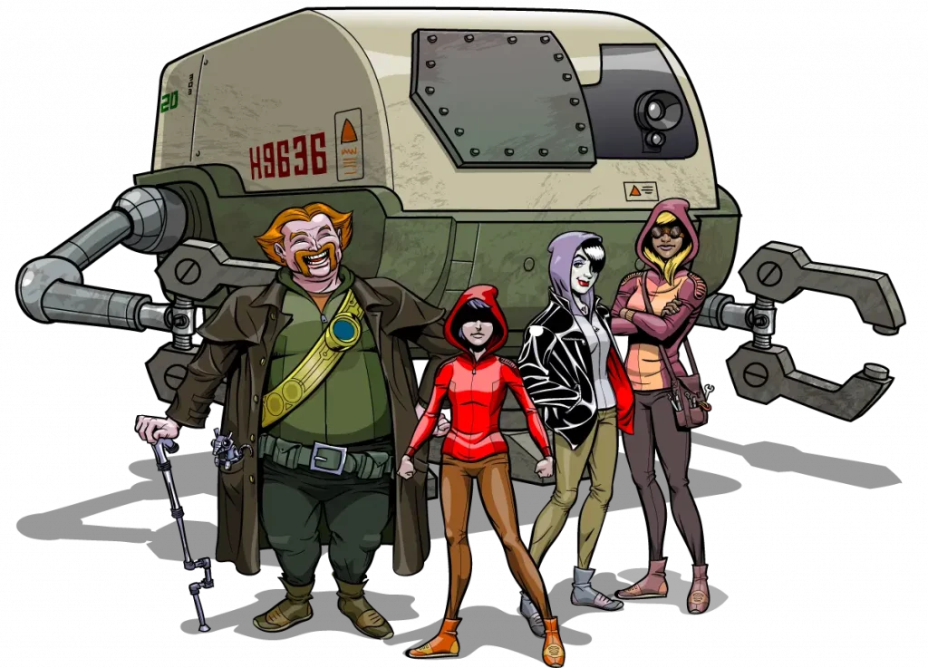 Cuatro personajes con distintos disfraces y una gran máquina robótica con garras visibles se encuentran juntos sobre un fondo blanco.