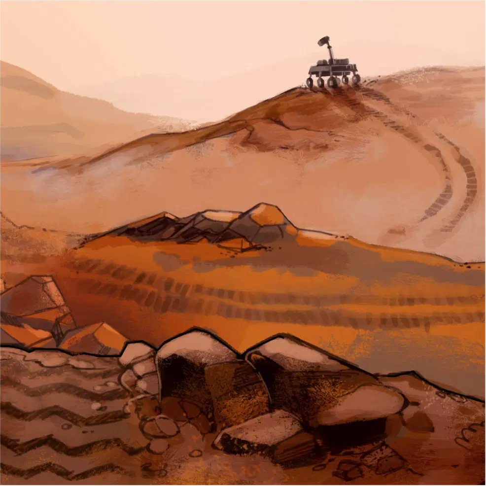 Un rover robótico está colocado en un terreno arenoso y lleno de rocas bajo un cielo brumoso, dejando huellas de neumáticos tras él.