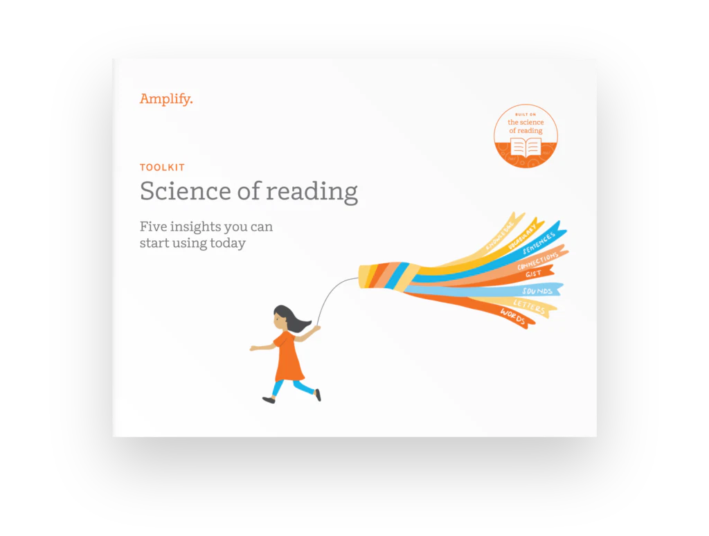 Illustration of a person holding a book with colorful ribbons flowing out, symbolizing streams of knowledge, alongside text about using science reading insights.