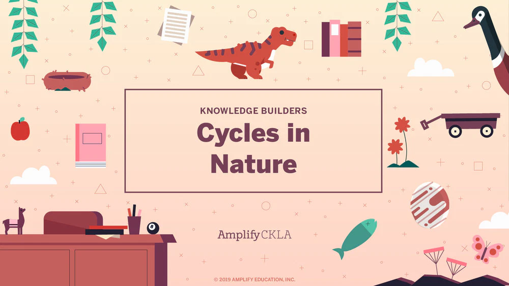 Cover image for Cycles in Nature by Amplify CKLA. Features illustrations of a dinosaur, plant, wagon, book, fish, cat on desk, and various nature-related items against a pink background.