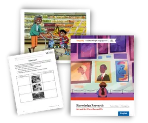 A collage of educational materials including comic panels, illustrated worksheets, and classroom posters featuring diverse characters.