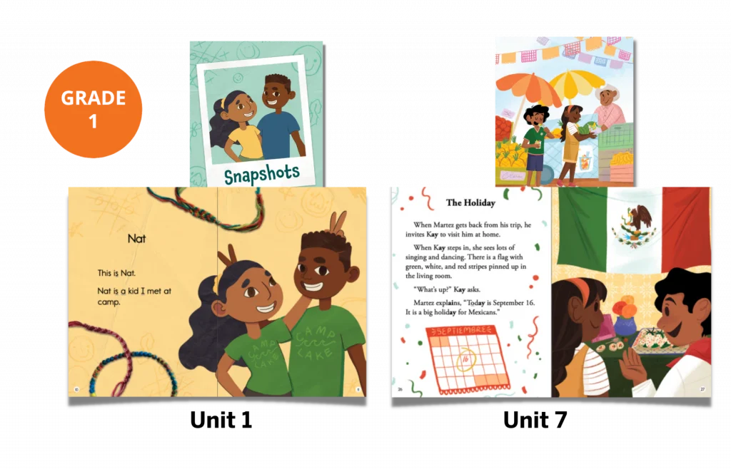 Grade 1 reading materials featuring illustrated children, a Snapshots cover, two open storybooks showing kids and activities, and a page about a holiday with text and drawings.