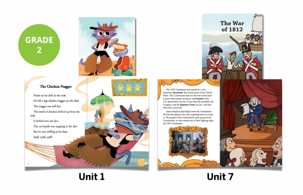 Open educational book for grade 2, showing illustrations and text about a chicken nugget story and the war of 1812.