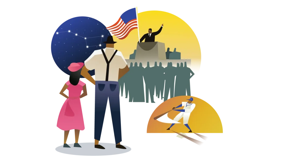 A couple gazes at three circular vignettes showing an astronaut, a president at a podium with an american flag, and a person breaking a wall with a hammer.