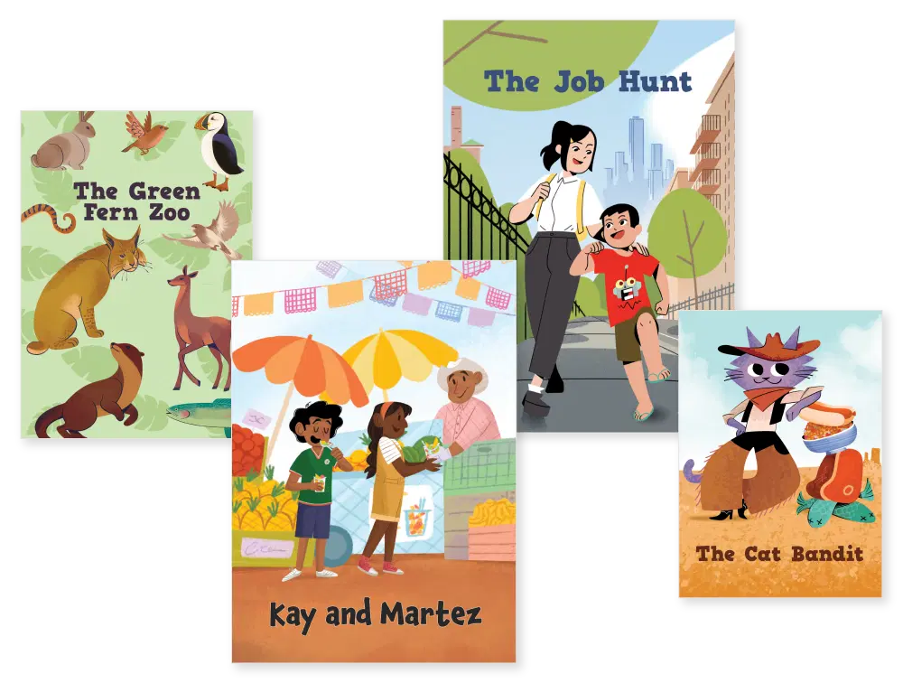 A collage of four illustrated book covers featuring diverse characters and settings, including a zoo, a city, a market, and a western scene.