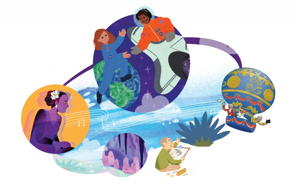 Illustration of diverse people engaged in different activities: a black woman listening to music, two astronauts in space, and a man reading a book by a plant.