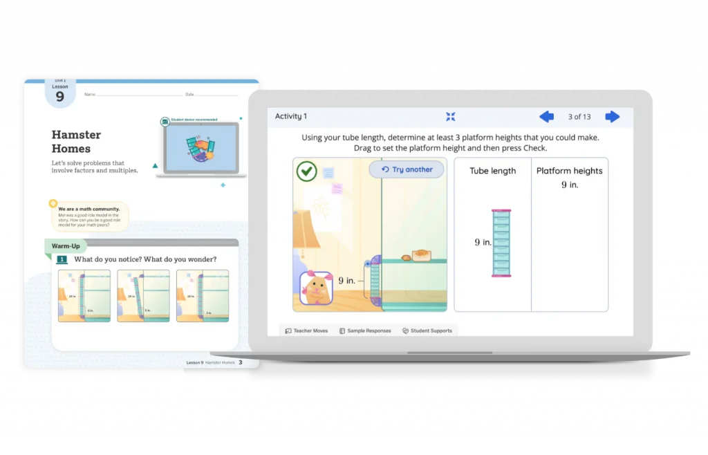 A digital learning activity on a laptop displays a task about determining the height of a platform by measuring the length of a tube. The screen shows a 9-inch tube, a platform with a height set to 9 inches, and instructions for the activity.