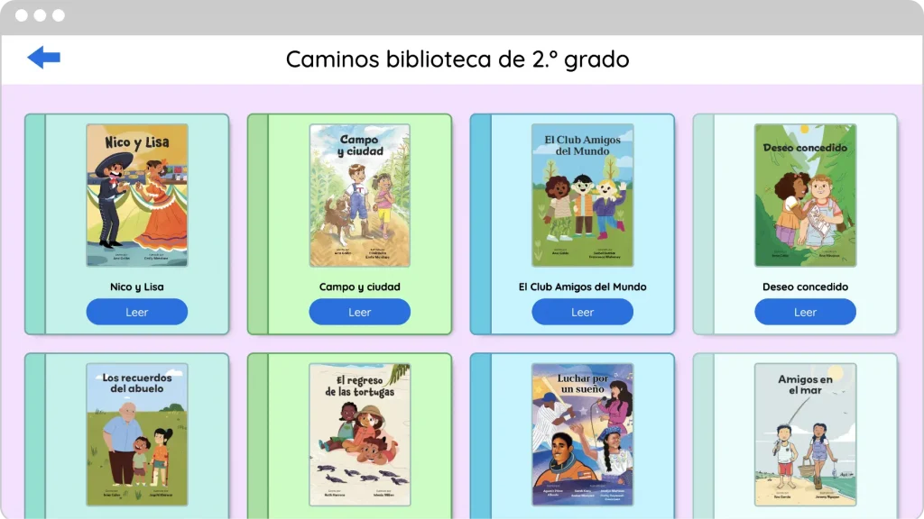 Grid of eight illustrated book covers titled "caminos biblioteca de 2º grado," each depicting children in various settings, with "leer" buttons below each cover, part of the Core