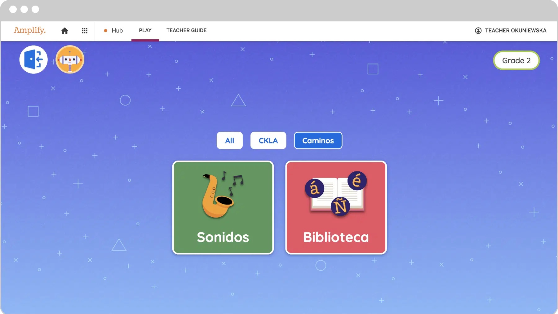 A digital educational interface shows two options: "sonidos" with a saxophone icon and "biblioteca" an open book icon, under the label "caminos" for grade 2.