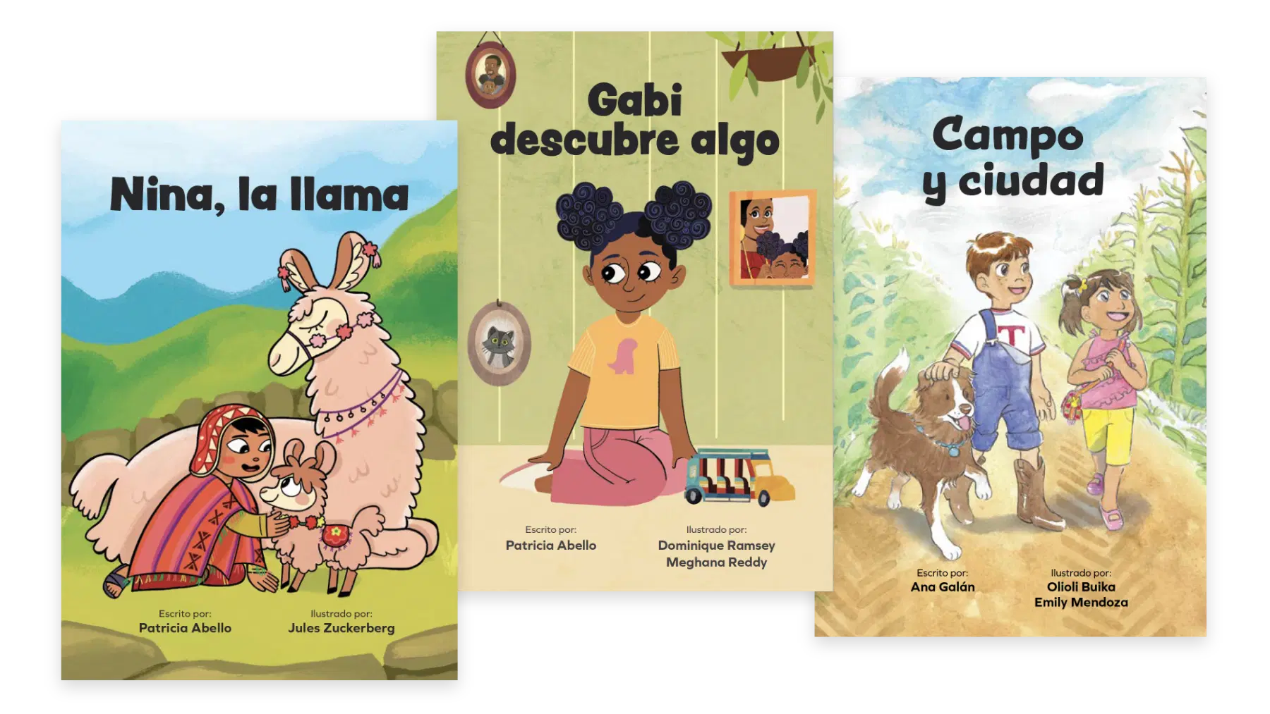 alt="Three book covers in Spanish, featuring colorful illustrations of children with animals in varied settings: a llama, a dog, and both rural and urban backgrounds, ideal for the Core Knowledge Language Arts curriculum."