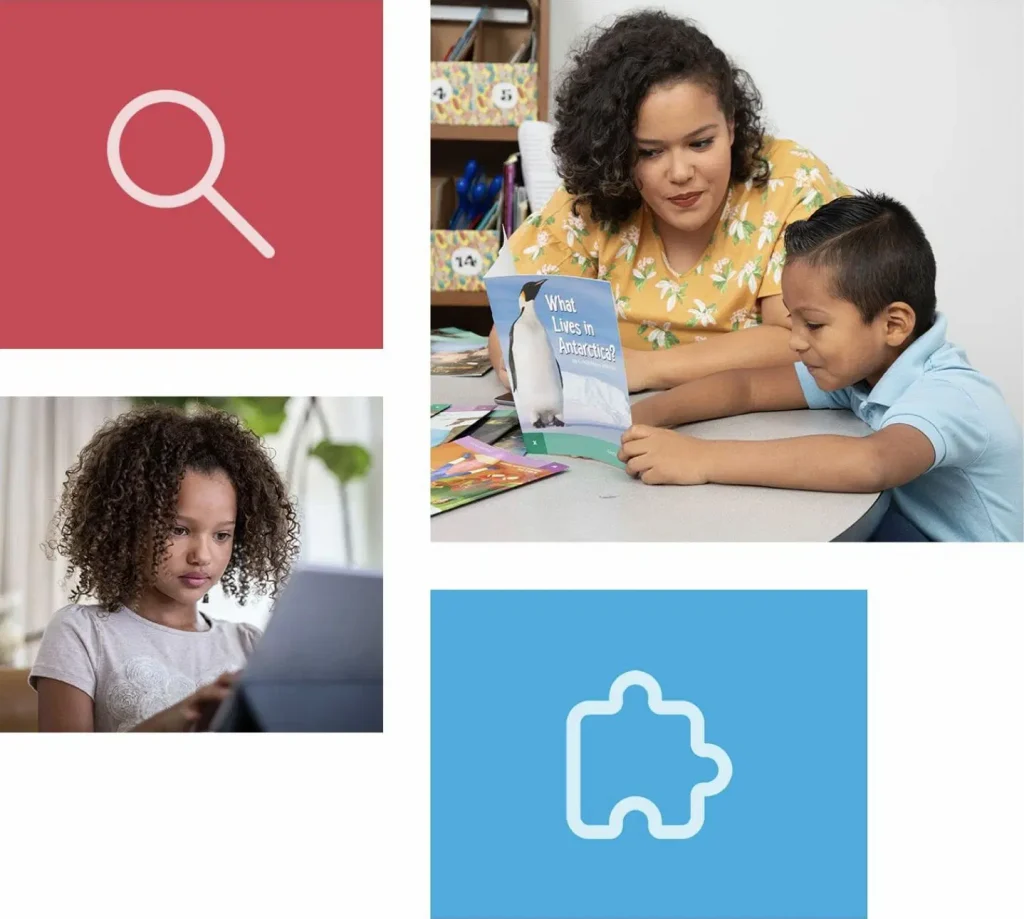 Collage of images featuring a magnifying glass icon, a teacher and student working together, a child using an mClass laptop, and a puzzle piece icon.