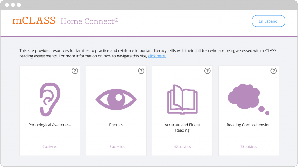 Screenshot of the mclass Home Connect© website homepage featuring four educational resources: phonological awareness, phonics, accurate and fluent reading, and reading comprehension.