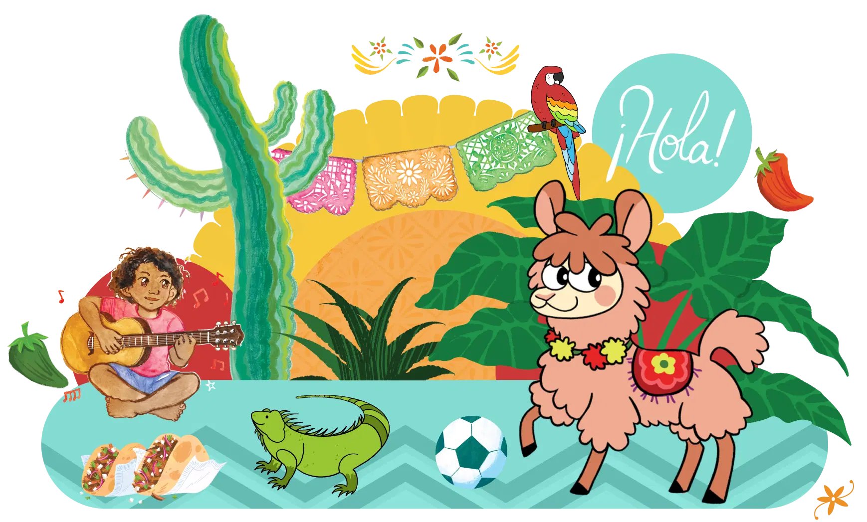 A colorful illustration featuring a child playing guitar, a llama, an iguana, a parrot, and various mexican cultural elements like a cactus and papel picado, with the word "hola!" displayed.