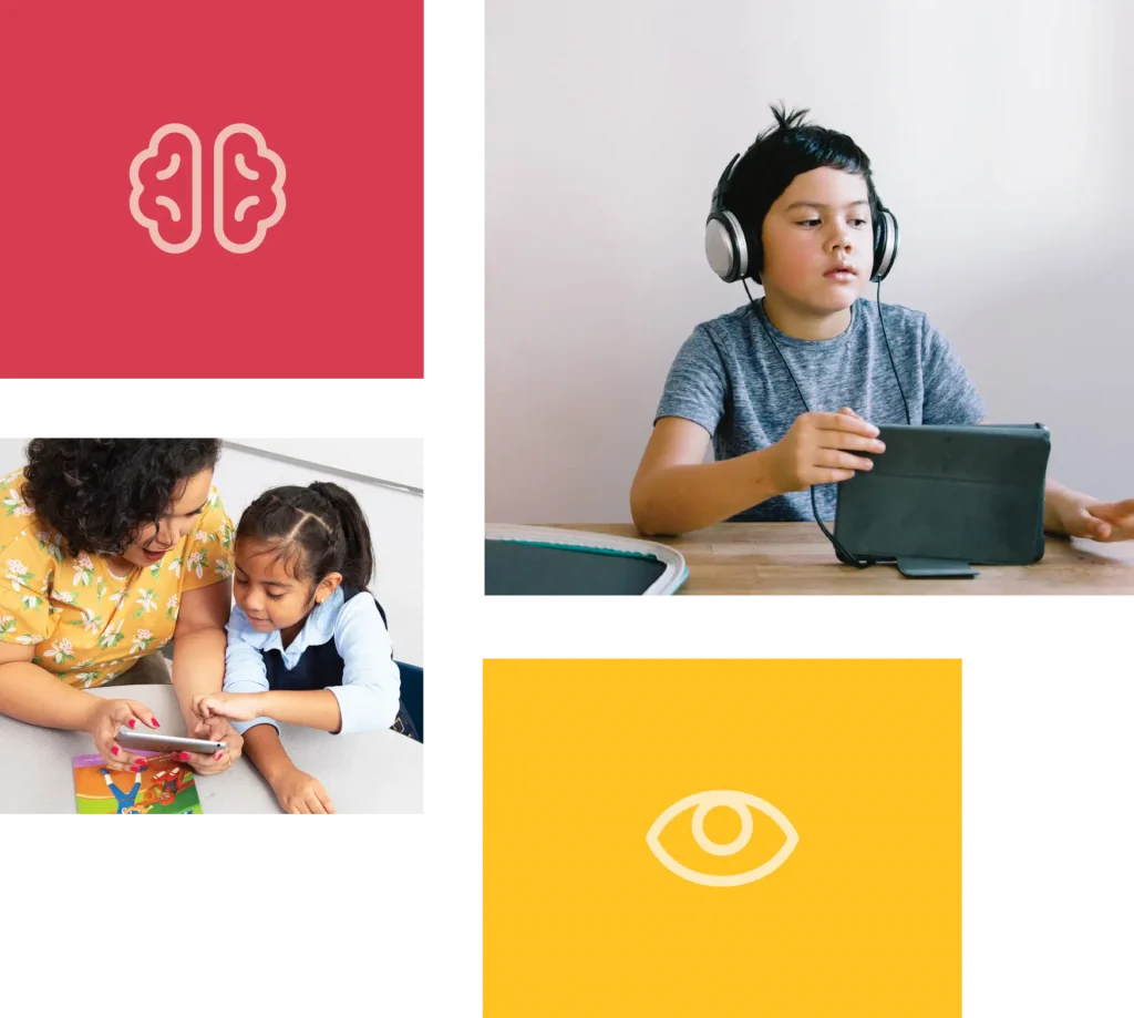 Collage with a logo on red background, a boy with headphones using a tablet, a woman and girl using a smartphone, and an eye icon representing the University of Oregon on yellow background.