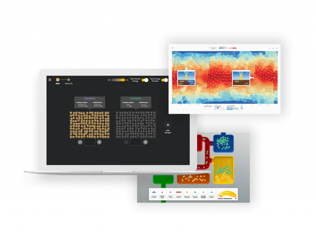 A digital illustration showcasing a laptop and a tablet displaying complex data analysis software interfaces with graphs and heatmaps.