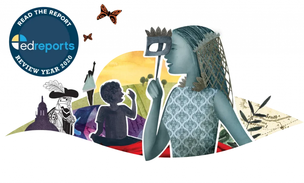 Illustrative banner featuring a young girl with a crown looking at a butterfly, people, and nature scenes, with text "read the ELA edreports review year 2020.