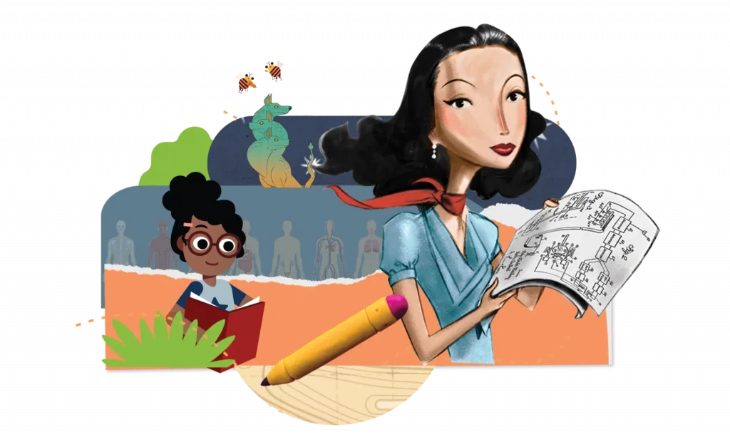 Illustration of a woman holding a diagram, with a child reading a book in the background. Various scientific symbols are depicted, including anatomical diagrams and a pencil.