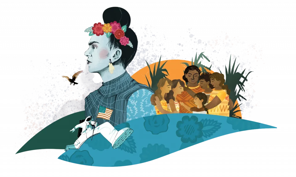 Illustration of a diverse group of people and nature elements, featuring a prominent figure with floral hair decorations and a scene of communal interaction in the background.