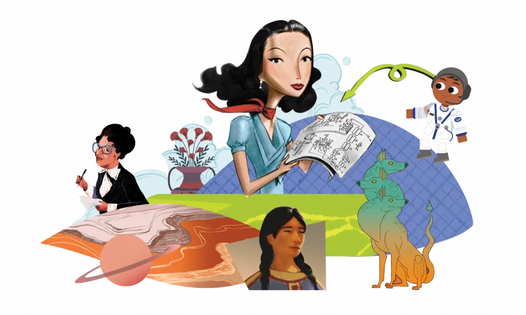 Illustration collage featuring diverse characters, including a scientist, a nurse, an explorer, and mythical creatures, set against a whimsical background.