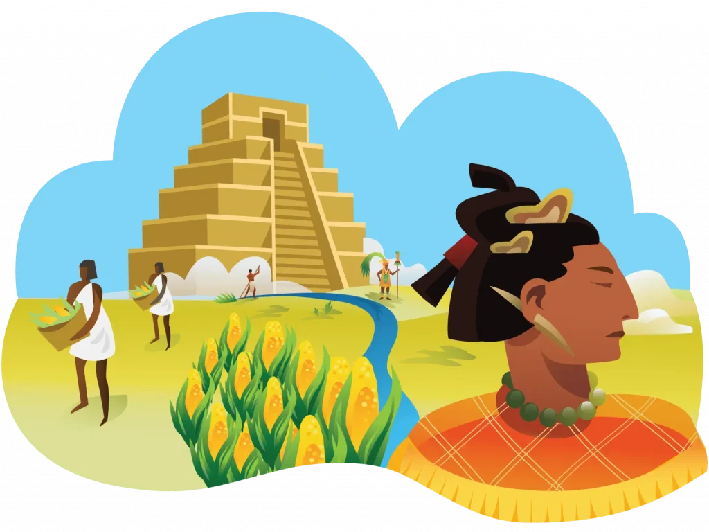 Illustration of a mesoamerican scene, featuring a large pyramid and a foreground portrait of an indigenous woman, with people harvesting crops in the background.