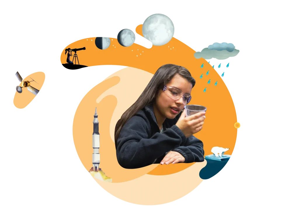 A woman in glasses examining a glass of water, surrounded by illustrations of scientific icons like satellites, a rocket, a telescope, moons, and clouds on an abstract orange and black background.