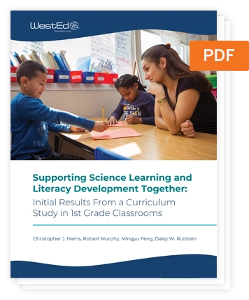 A pdf cover from wested titled "learning and literacy development together: initial results from a curriculum study," featuring an adult helping children with schoolwork in a classroom.