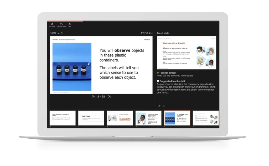A laptop displays a PowerPoint presentation in presenter view, with slides about observing objects in plastic containers and related sensory instructions.