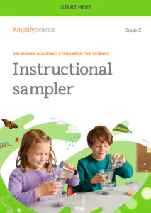 Cover of "amplify science instructor" book featuring two children conducting a water experiment, with a butterfly graphic and green design elements.