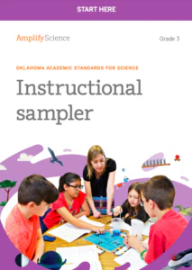 A teacher and four students engage with educational materials at a table, with the text "instructional start here" for grade 3 science.