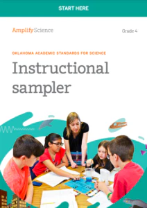 Cover of a grade 4 "amplify science" textbook showing a female teacher and four students engaged in a science experiment at a table.