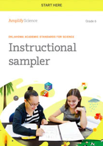 Cover of a grade 6 science instructional sampler displaying two students engaged in study with educational materials on a table.