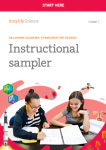 Teacher and student working together on a science project in a classroom, with the text "amplify science grade 7" at the top.