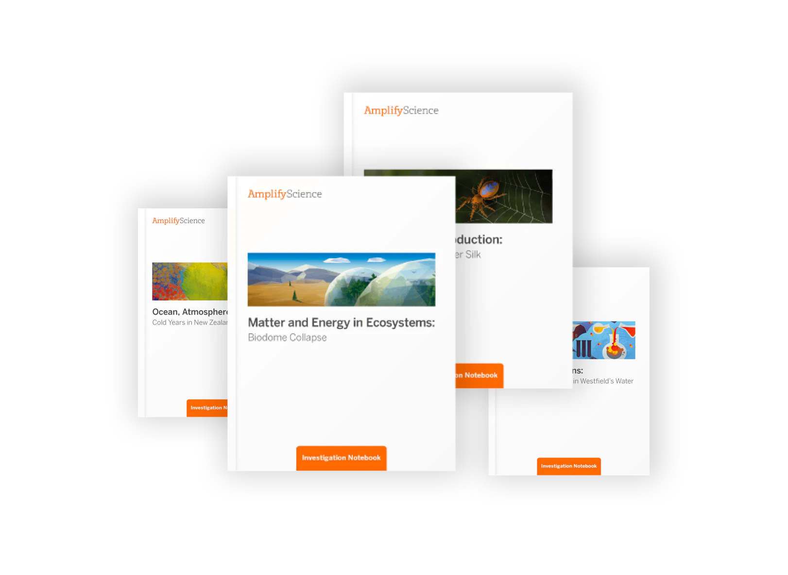 Collection of educational books from 'amplify science' on topics including ocean atmosphere, matter and energy ecosystems, and insect interactions, displayed in various angles.