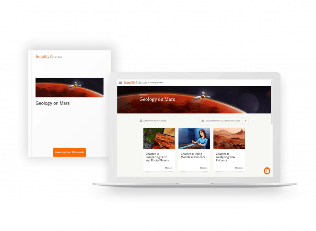 A laptop displaying a website about Mars exploration with a brochure next to it. Both screens show Mars-related images.