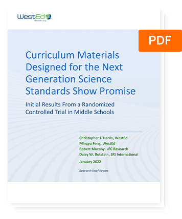 Pdf cover titled "curriculum materials designed for the next generation science standards: initial results from gold standard research trials", published by wested.