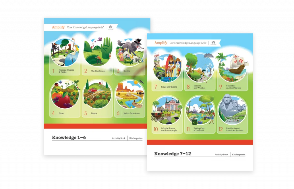 Two illustrated pages titled Knowledge 1-6 and Knowledge 7-12, each showing colorful scenes representing different educational topics in numbered circles.