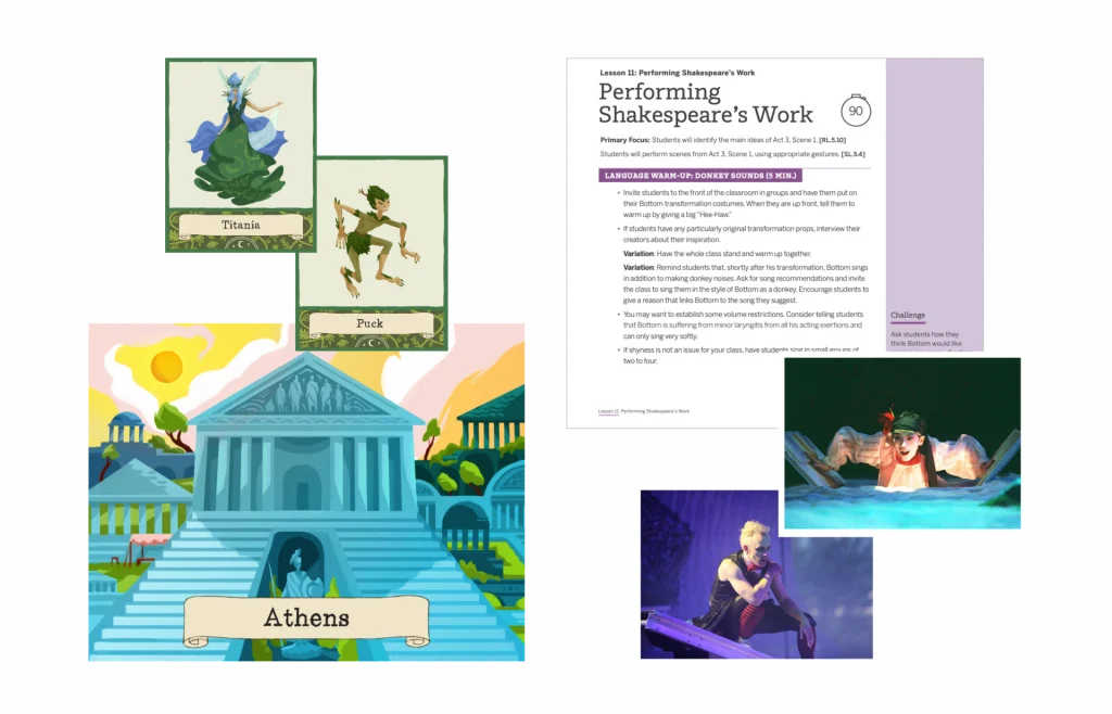 A collage showing illustrated cards of Titania, Puck, and Athens, a lesson on performing Shakespeare, and two photos of actors performing on stage.